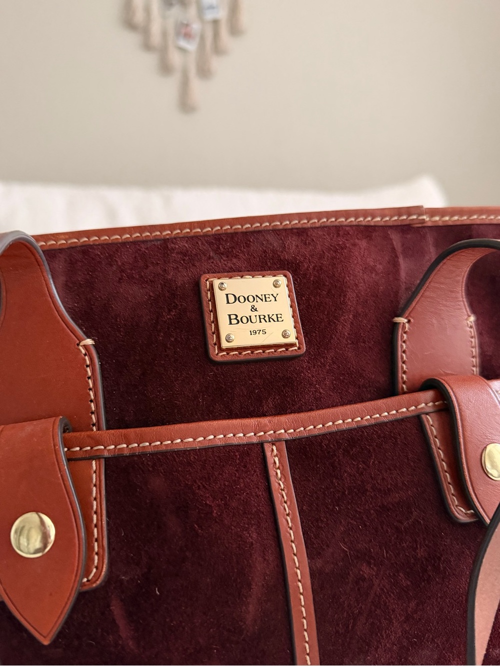 Dooney & Bourke Burgundy Suede Tote with Brown Leather Trim